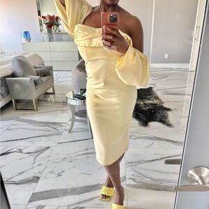 ASOS Pale Yellow draped shoulder Midi Dress with Draped Sleeve